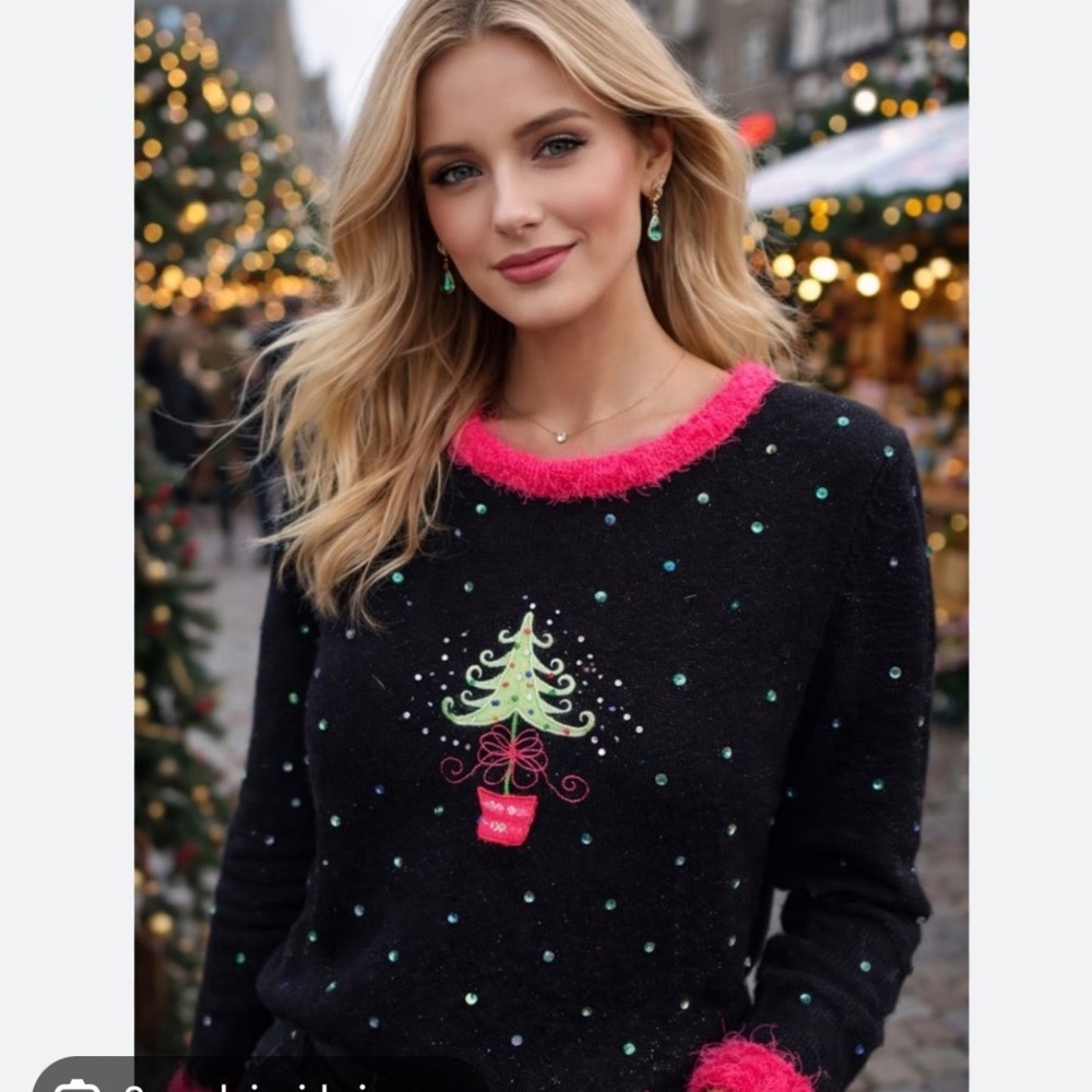 Mandal Bay Womens XL Black Pink Sequin Christmas Tree Ugly Sweater Ramie Cotton